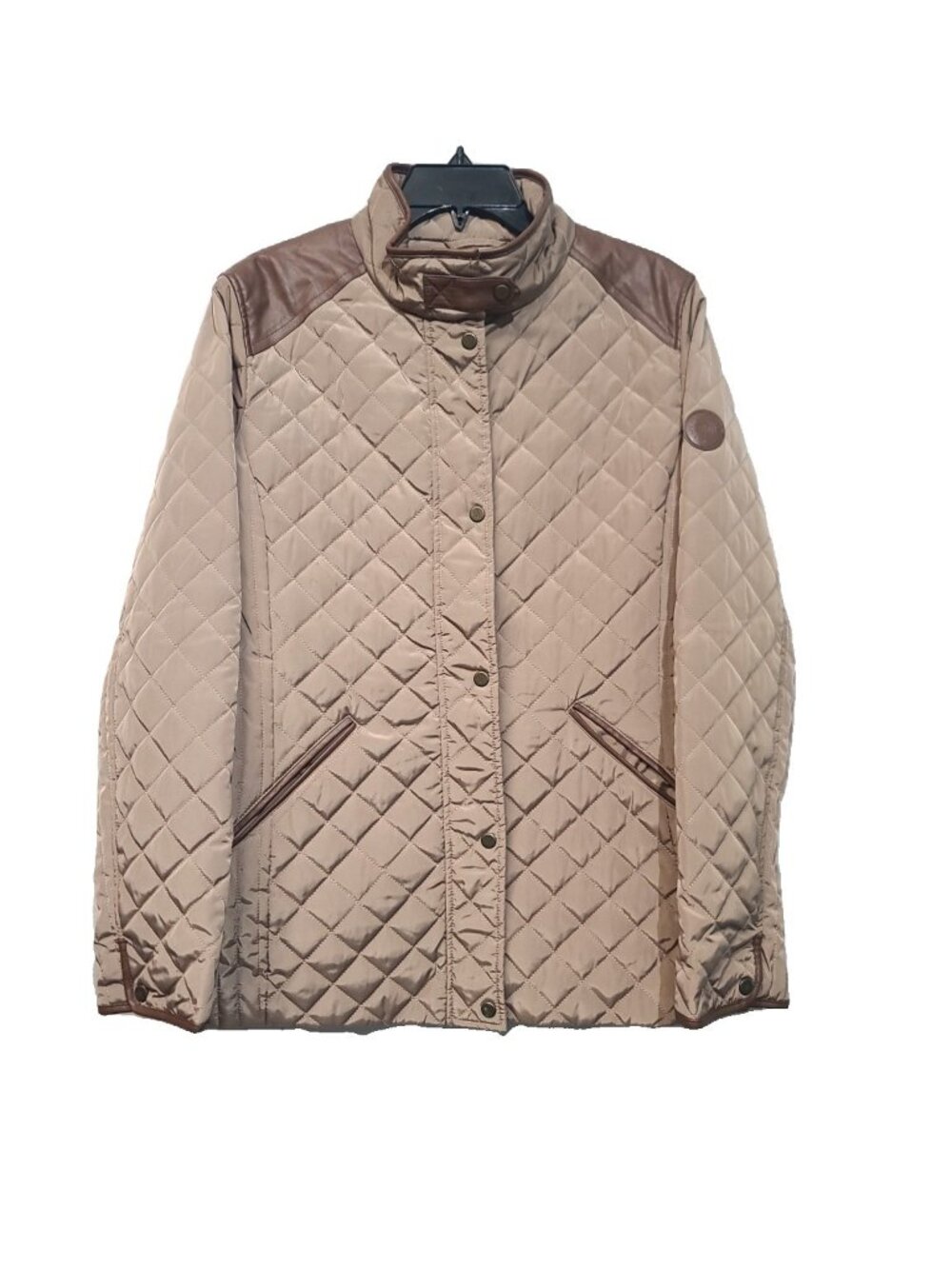 Lauren Ralph Lauren Faux-Leather-Trim Quilted Jacket L Tan EUC